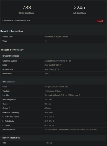 Intel Core Ultra 5 332 w teście Geekbench (źródło obrazu: Geekbench)