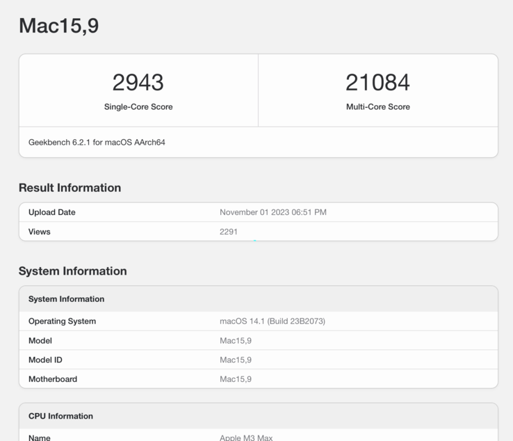 Applem3 Max osiąga znakomite wyniki w benchmarku Geekbench 6. (Źródło: Geekbench 6)