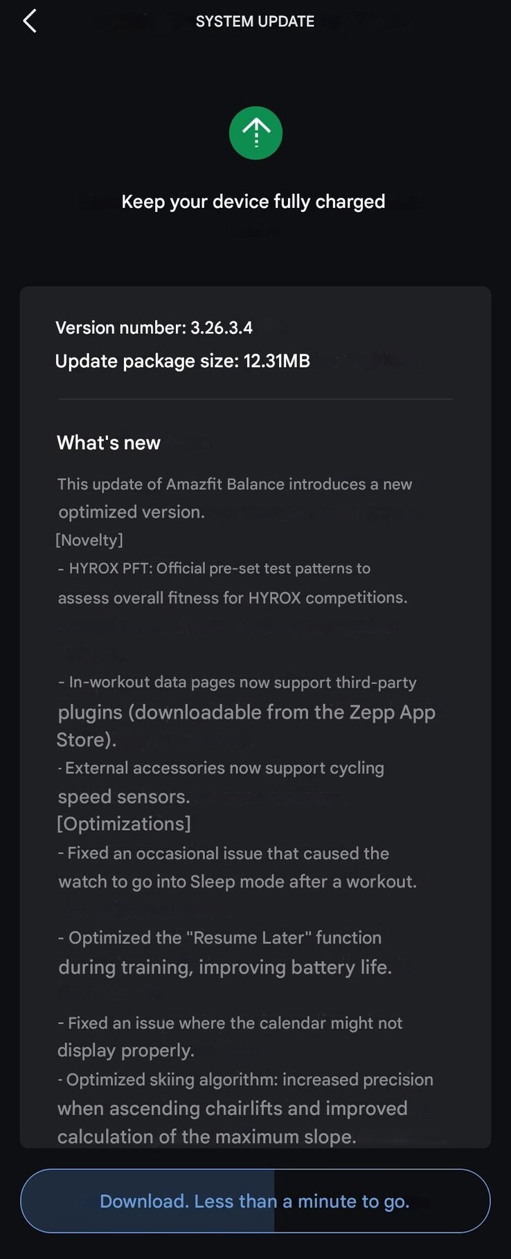 Informacje o wydaniu wersji 3.26.3.4 dla smartwatcha Amazfit Balance. (Źródło obrazu: u/SensitiveClock3479 via Reddit, tłumaczenie maszynowe)