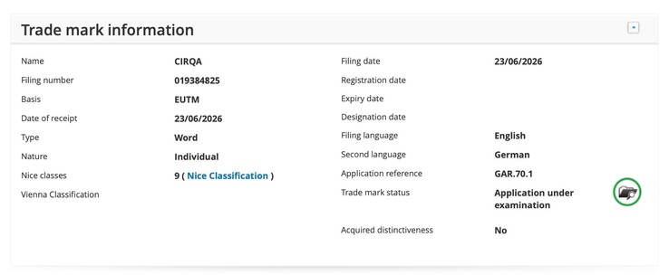 Patent firmy Garmin dotyczący technologii CIRQA nr 019384825 zarejestrowany w Europejskim Urzędzie ds. Własności Intelektualnej (EUIPO)