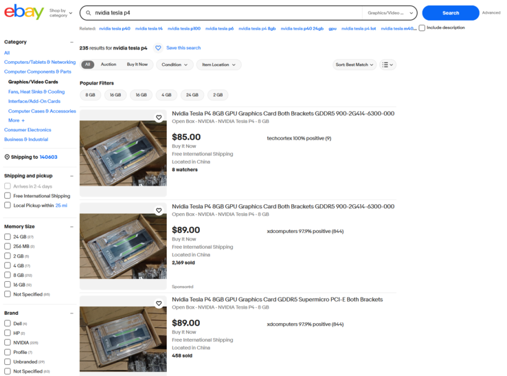 Wiele procesorów graficznych Nvidia Tesla P4 można znaleźć w serwisie eBay w cenie poniżej 100 USD.