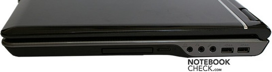 prawy bok: ExpressCard, wyłącznik WiFi, gniazda audio, 2x USB