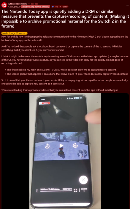 Ograniczenia DRM aplikacji Nintendo Today (źródło obrazu: zrzut ekranu, subreddit Nintendo Switch 2)