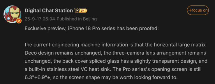 Wyciekły szczegóły dotyczące iPhone'a 18 Pro. (Źródło obrazu: Weibo - tłumaczenie maszynowe)
