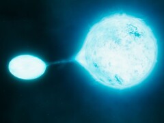 Ilustracja przedstawiająca gwiazdę neutronową i inną gwiazdę.