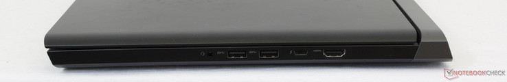 prawy bok: gniazdo audio, 2 USB typu A, USB typu C + Thunderbolt 3, HDMI 2.0