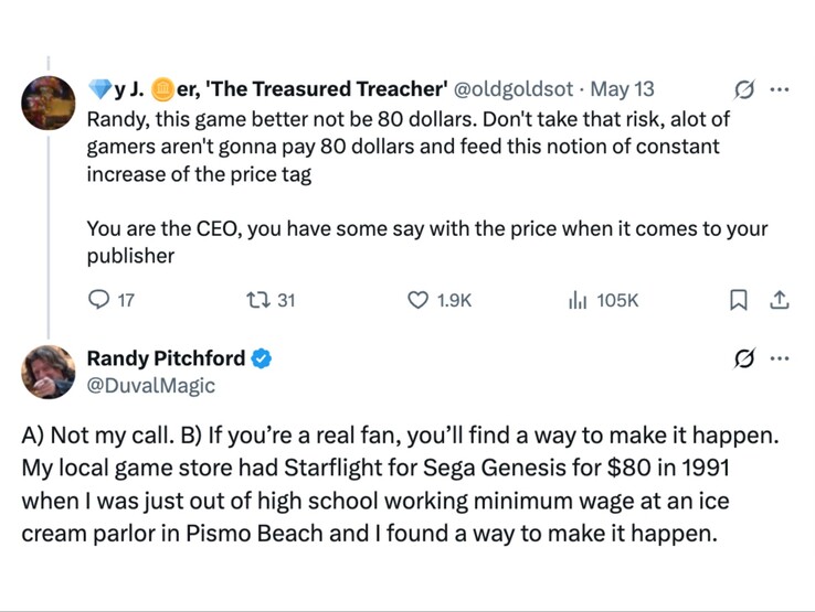 Odpowiedź Randy'ego Pitchforda na komentarz fana dotyczący ceny Borderlands 4. (Źródło obrazu: Randy Pitchford na X)