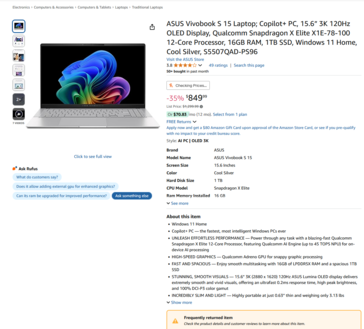 Asus Vivovook S 15 Amazon z tym samym ostrzeżeniem (źródło obrazu: Amazon)