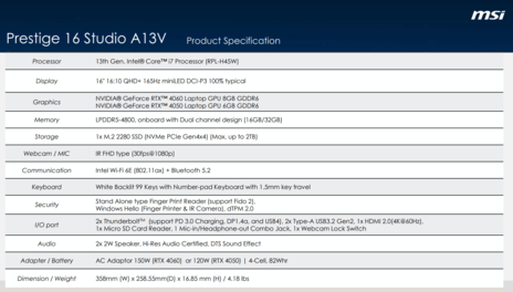 MSI Prestige 16 Studio A13V - specyfikacja. (Źródło obrazu: MSI)