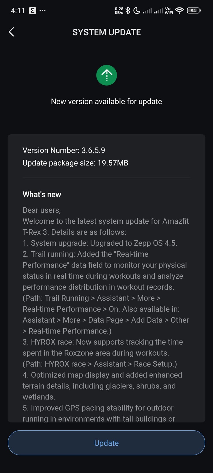 Informacje o wydaniu aktualizacji do wersji 3.6.5.9 dla smartwatcha Amazfit T-Rex 3. (Źródło obrazu: Facebook)
