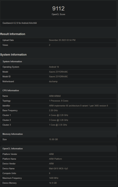 Test porównawczy MediaTek Dimensity 8300 Geekbench OpenCL (zdjęcie za pośrednictwem Geekbench)