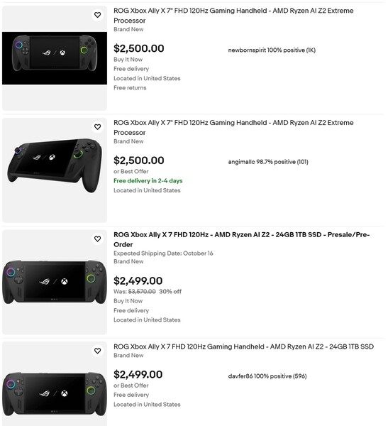 Ceny Asus ROG Xbox Ally X w serwisie eBay (źródło obrazu: zrzut ekranu, eBay)