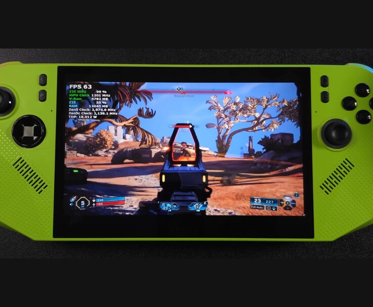 Borderlands 4 uruchomiony na handheldzie MSI Claw 8 AI z AMD Ryzen Z2 Extreme, pokazujący na ekranie licznik FPS i nakładkę wydajności podczas rozgrywki (ETA PRIME via YouTube)