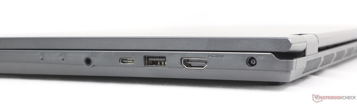 Po prawej: zestaw słuchawkowy 3,5 mm, USB-C 3.2 Gen. 2 z DisplayPort + Power Delivery, USB-A 3.2 Gen. 1, HDMI 2.1, zasilacz sieciowy