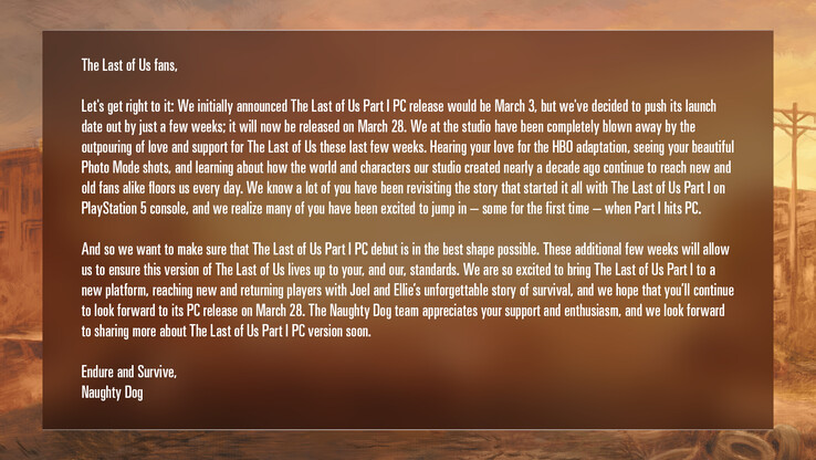 Oświadczenie Naughty Dog w sprawie portu The Last of Us Part 1 na PC (image via Naughty Dog)