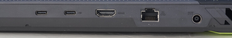 Złącza z tyłu: USB-C (10 Gbit/s, DP, G-Sync), USB-C (10 Gbit/s, DP, PD), HDMI 2.1 FRL, port LAN (1 Gbit/s), port zasilania