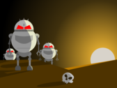 Kreskówkowe roboty stojące obok ludzkiej czaszki