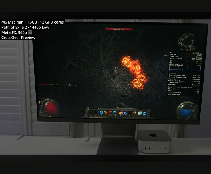 Gra Path of Exile 2 działa na komputerze Mac mini z procesorem M6 i 16 GB pamięci RAM za pośrednictwem oprogramowania CrossOver w rozdzielczości 1440p przy niskich ustawieniach graficznych.