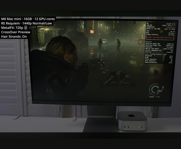 Gra „Resident Evil Requiem” działa z prędkością około 50 klatek na sekundę na komputerze Mac mini z procesorem M6 i 16 GB pamięci RAM za pośrednictwem oprogramowania CrossOver.