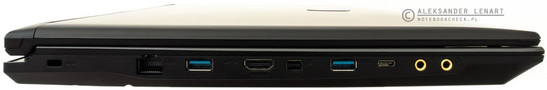 lewy bok: blokada Kensington, LAN, USB 3.0, HDMI, mini DisplayPort, USB 3.0, USB 3.1 typu C, 2 gniazda audio