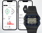 Cyfrowy zegarek Casio F-B100W przedstawiony na tle dwóch ekranów smartfonów, na których wyświetlana jest połączona z nim aplikacja Life Log wraz z danymi dotyczącymi liczby kroków i aktywności.