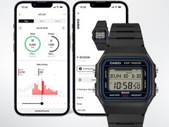 Cyfrowy zegarek Casio F-B100W przedstawiony na tle dwóch ekranów smartfonów, na których wyświetlana jest połączona z nim aplikacja Life Log wraz z danymi dotyczącymi liczby kroków i aktywności.
