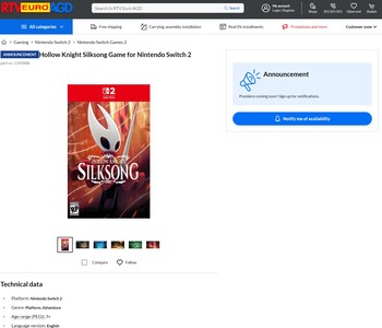 Hollow Knight Silksong Switch 2 RTV Euro AGD (źródło obrazu: zrzut ekranu, RTV Euro AGD)