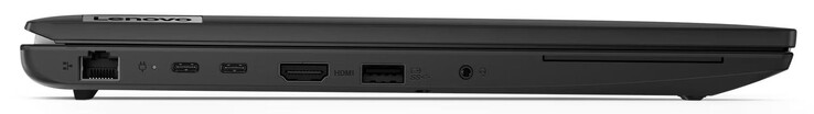 Lewa strona: Gigabit Ethernet, USB 3.2 Gen 2 (USB-C; Power Delivery, Displayport), HDMI, USB 3.2 Gen 1 (USB-A), audio combo, czytnik SmartCard