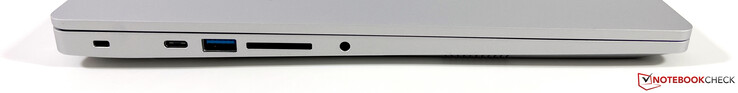 Lewa strona: Kensington Lock, USB-C 3.2 Gen.2 (10 Gbps, DisplayPort-ALT mode 1.4, Power Delivery), USB-A 3.2 Gen.1 (5 Gbps), czytnik kart, gniazdo stereo 3,5 mm