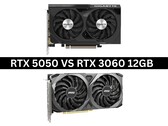 Zdjęcie obok siebie kart graficznych Nvidia GeForce RTX 5050 i RTX 3060 12 GB (Źródło zdjęcia: Zdjęcia produktów za pośrednictwem Gigabyte i MSI. Kompozycja stworzona przez Anmola Dubeya za pośrednictwem Notebookcheck).