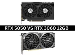 Zdjęcie obok siebie kart graficznych Nvidia GeForce RTX 5050 i RTX 3060 12 GB (Źródło zdjęcia: Zdjęcia produktów za pośrednictwem Gigabyte i MSI. Kompozycja stworzona przez Anmola Dubeya za pośrednictwem Notebookcheck).