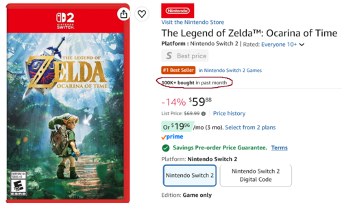 Pokazano ofertę Zelda: Ocarina of Time na Amazonie oraz wyniki sprzedaży