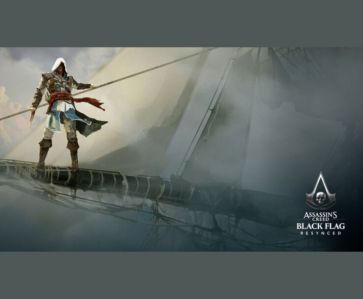 Oficjalna grafika z gry Assassin's Creed Black Flag Resynced przedstawiająca Edwarda Kenwaya stojącego na maszcie statku.