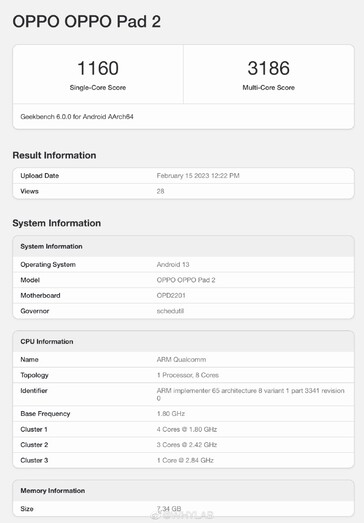 Tablet OPPO drugiej generacji Android zdaje się odwiedzać Geekbench przed premierą. (Źródło: Geekbench via WHYLAB)