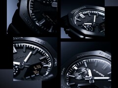 Kolaż zbliżeń podkreślających fakturę tarczy, znaczniki godzinowe oraz ramkę zegarka Casio G-Shock GM-2100LXB.