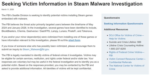 Zawiadomienie FBI o dochodzeniu w sprawie złośliwego oprogramowania Steam