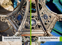 Porównanie materiałów standardowych i neuronowych pokazuje, że Nvidia może znacznie zmniejszyć zapotrzebowanie na pamięć VRAM w grach. (Źródło obrazu: Nvidia, edytowane)