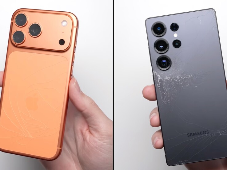 Tył iPhone'a 17 Pro Max (po lewej) i Galaxy S25 Ultra (po prawej) po teście upadku z wysokości 1 metra. (Źródło obrazu: PhoneBuff na YouTube, zrzut ekranu)