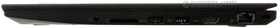prawy bok: gniazdo audio, czytnik kart pamięci, dwa USB 3.0, HDMI, LAN, zaczep na linkę blokady Kensingtona