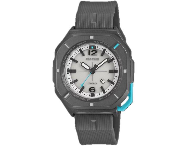 Analogowy zegarek Casio Pro Trek PRJ-01AE-8 z szarą kopertą, białą tarczą, turkusowymi akcentami i czarnym paskiem