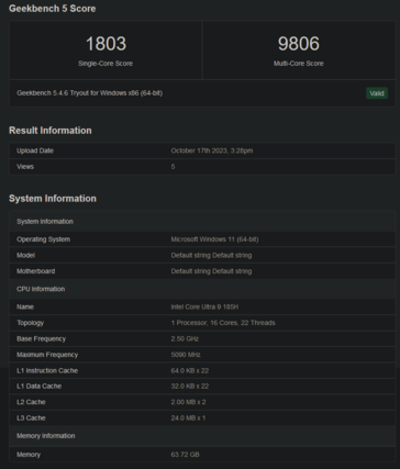 Core Ultra 9 185H Geekbench listing (zdjęcie za pośrednictwem Geekbench)