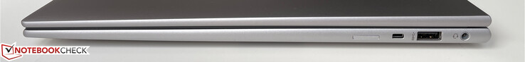 Po prawej stronie: Gniazdo Nano SIM (opcjonalnie w modelach WWAN), gniazdo Kensington Nano Security, USB-A 3.2 gen 1 (5 Gb/s, zasilane), 3,5 mm stereo