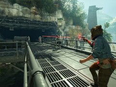 Kay Vess, główna bohaterka Star Wars Outlaws, strzelająca do Strom Troopers. (Źródło obrazu: Nintendo)