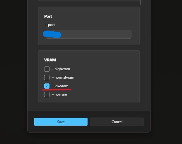 Zrzut ekranu menu ustawień w kafelku ComfyUI na Stability Matrix z podświetloną niską ilością pamięci VRAM. (Źródło obrazu: Windows Screen Capture)