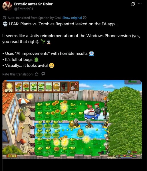 Zrzut ekranu z wyciekłej wersji Plants vs. Zombies Replanted (źródło obrazu: zrzut ekranu, konto Erstatic antes Sr Dolor X)