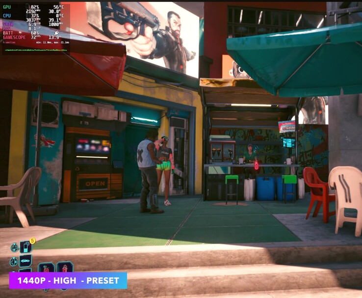 Gra „Cyberpunk 2077” działająca w systemie SteamOS w rozdzielczości 1440p z ustawieniem grafiki „High”