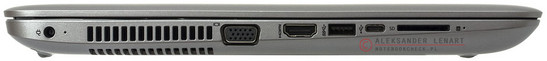 lewy bok: gniazdo zasilania, wylot powietrza z układu chłodzenia, VGA/D-Sub, HDMI, USB 3.0, USB typu C, czytnik kart pamięci