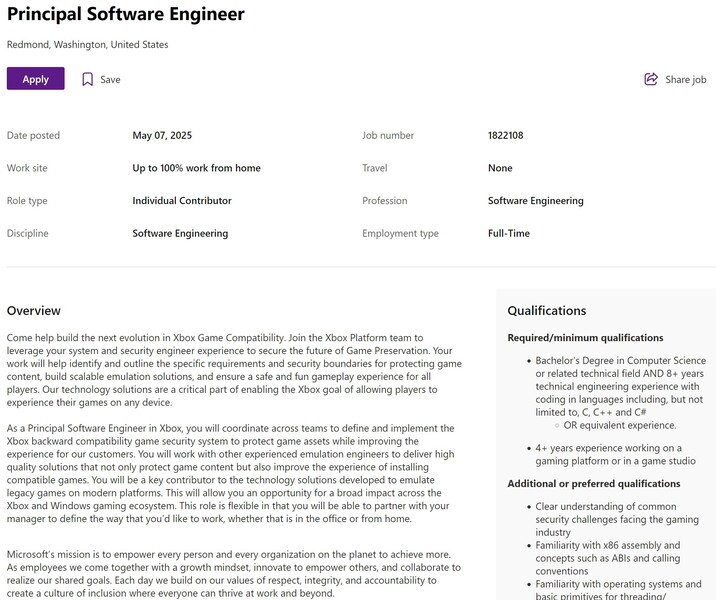 Oferta pracy Microsoft dla głównego inżyniera oprogramowania (źródło obrazu: zrzut ekranu, Microsoft Careers)