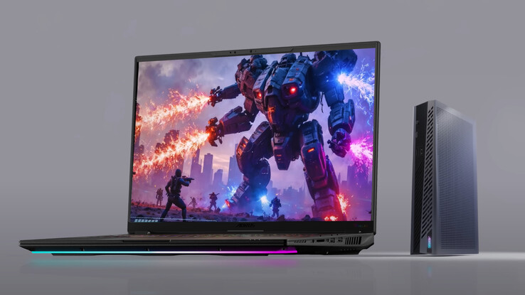 Aorus RTX 5060 Ti AI Box obok jednego z najnowszych 16-calowych laptopów gamingowych Gigabyte. (Źródło zdjęcia: Gigabyte)