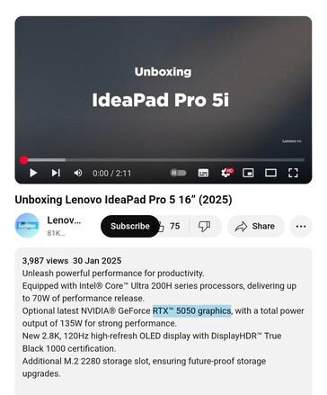 Lenovo IdeaPad Pro 5 16 zostanie wprowadzony na rynek z procesorem graficznym Nvidia RTX 5050 na pokładzie. (Źródło obrazu: Lenovo PC na YouTube)